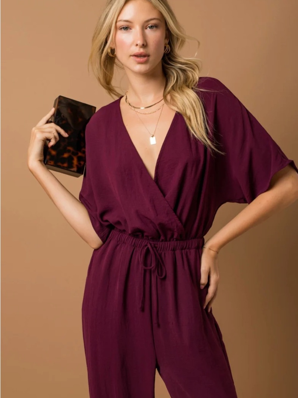 Gilli Wine V-Neck Jumpsuit with Drawstring Waist | M | NWT